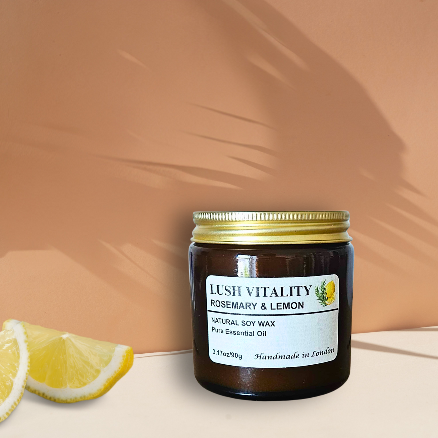 Rosemary & Lemon Candle – Natural Soy Wax, Essential Oils, Handmade in UK | Amber-Gold Jar Aromatherapy Gift