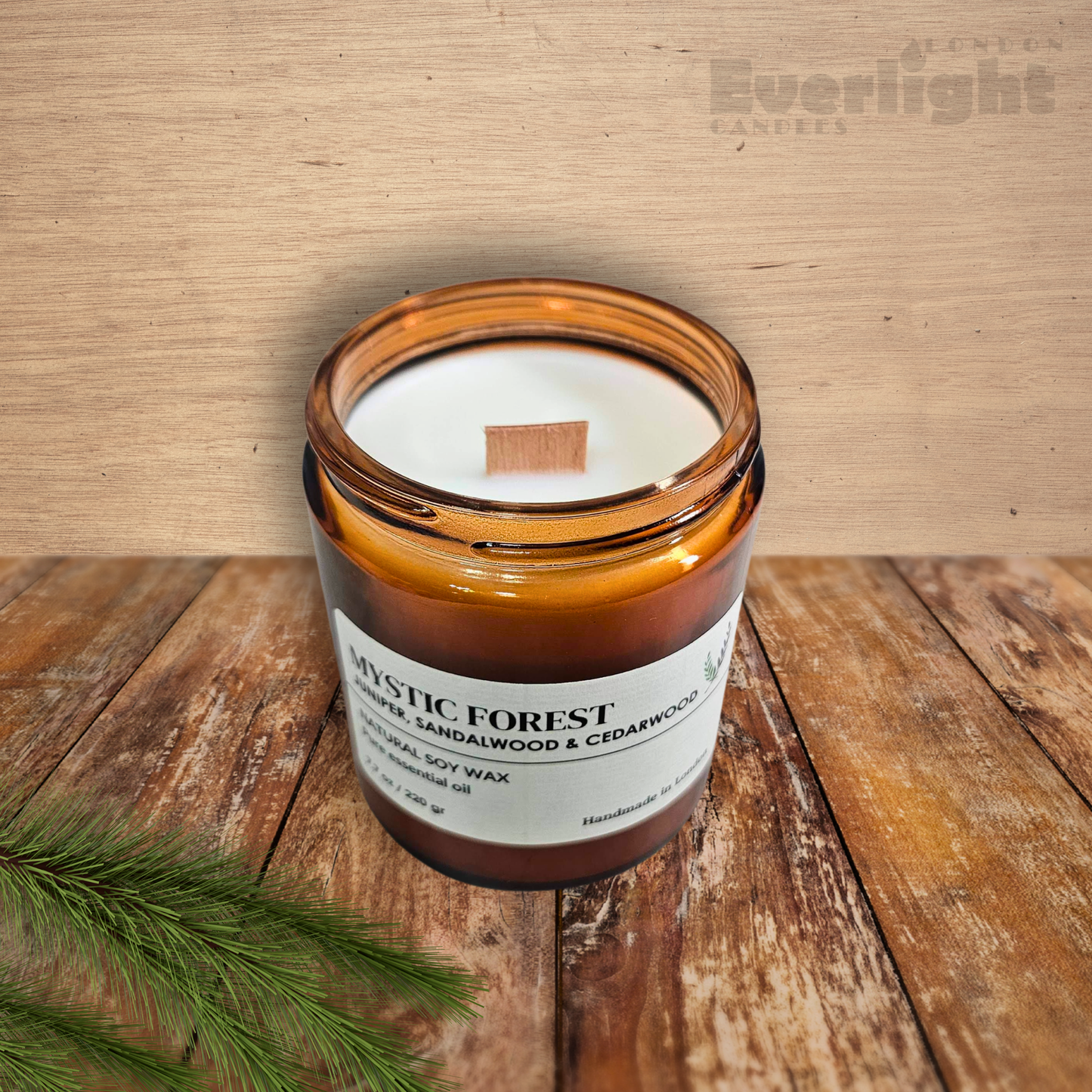 Juniper, Cedarwood & Sandalwood Candle – Natural Soy Wax, Essential Oils, Long-Lasting Burn up to 30 Hours, Handmade in UK | Mystic Forest 90g Amber Jar