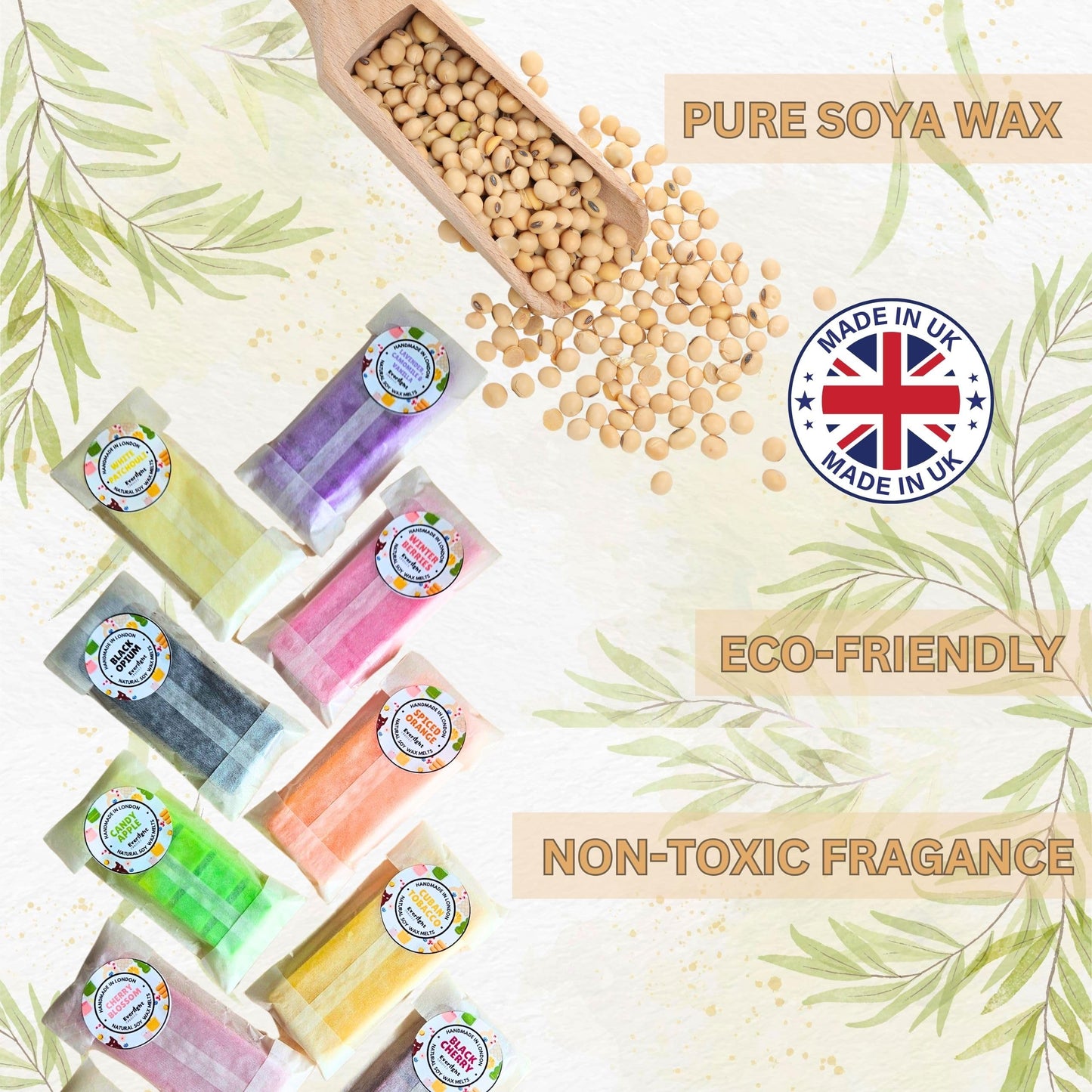 Soy Wax Melts Handmade & Hand-Poured in London Strong and Long Lasting Eco-Friendly & Vegan Home Fragrance Gift 45g Wax Bar