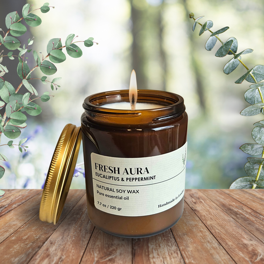 Eucalyptus & Peppermint Candle – Natural Soy Wax, Essential Oils, Long-Lasting Aroma up to 45 Hours, Handmade in UK | Healthy Relief, Aromatherapy Gift