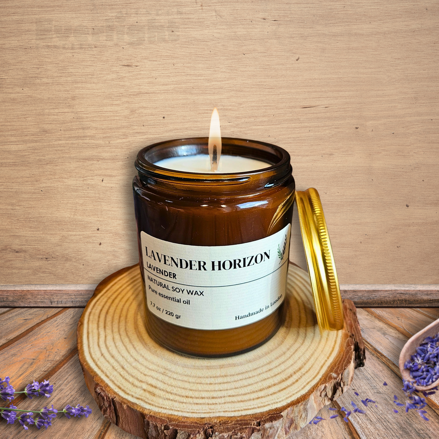 Lavender Candle – Natural Soy Wax, Essential Oils, Long-Lasting Burn up to 45 Hours, Handmade in UK | Large Amber Jar Aromatherapy Gift