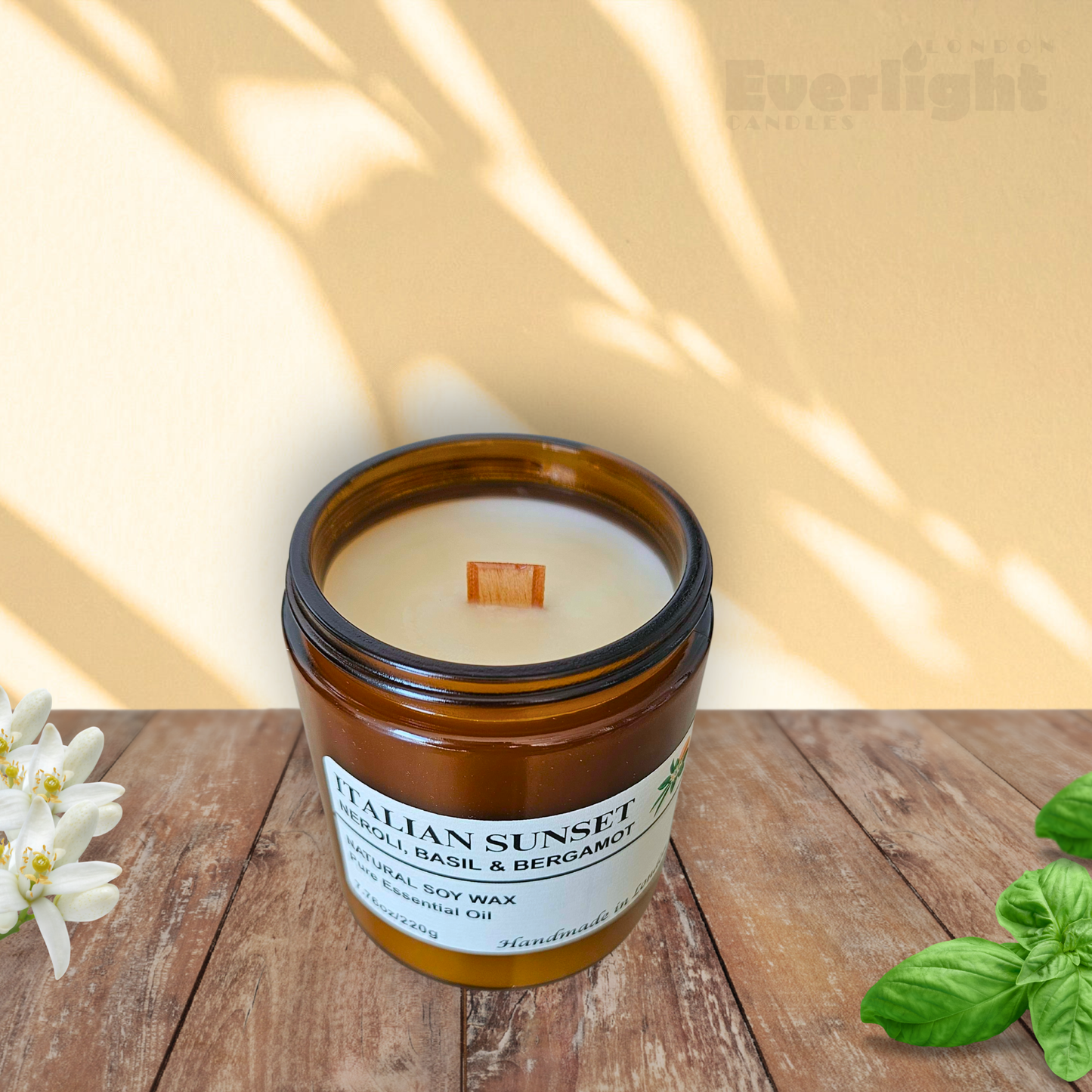 Neroli, Basil & Bergamot Soy Wax Candle – Handmade in UK with Crackling Wick, Long-Lasting Natural Aroma