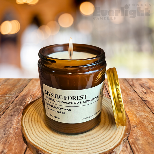 Juniper, Cedarwood & Sandalwood Candle – Natural Soy Wax, Essential Oils, Long-Lasting Burn up to 30 Hours, Handmade in UK | Mystic Forest 90g Amber Jar