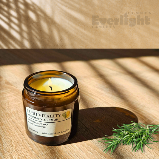 Rosemary & Lemon Candle – Natural Soy Wax, Essential Oils, Handmade in UK | Amber-Gold Jar Aromatherapy Gift