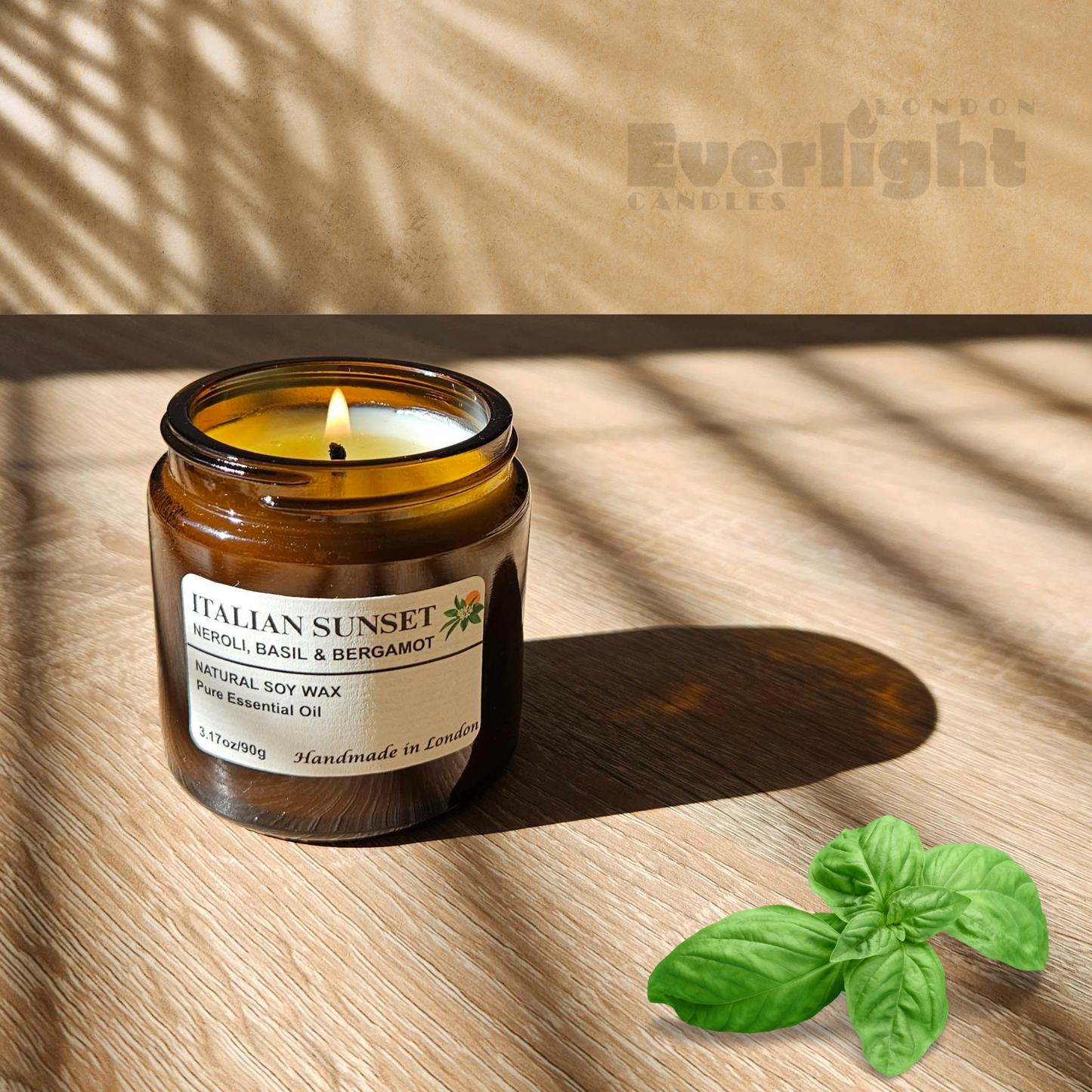 Neroli, Basil & Bergamot Soy Wax Candle – Handmade in UK with Crackling Wick, Long-Lasting Natural Aroma