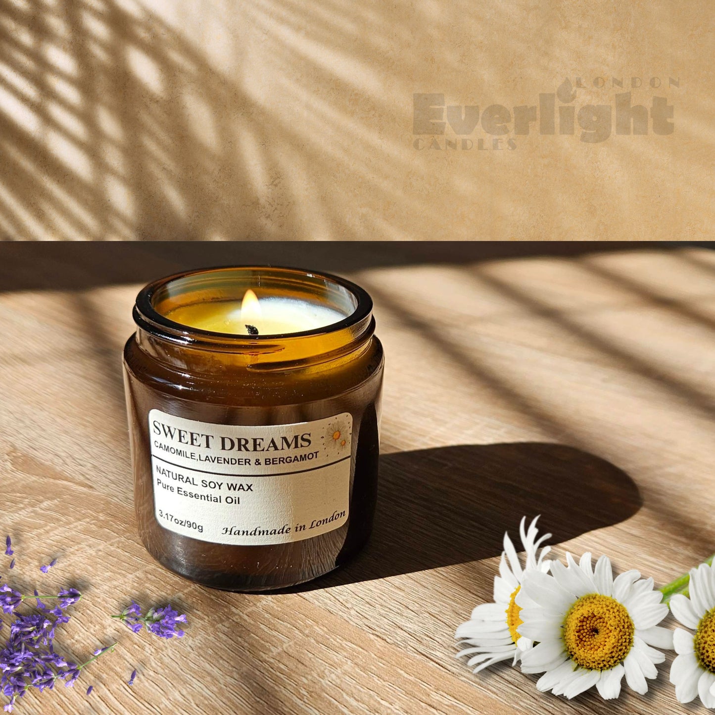 Lavender, Bergamot & Chamomile Soy Wax Candle – Handmade in UK with Crackling Wooden Wick, Long-Lasting Relaxing Aroma