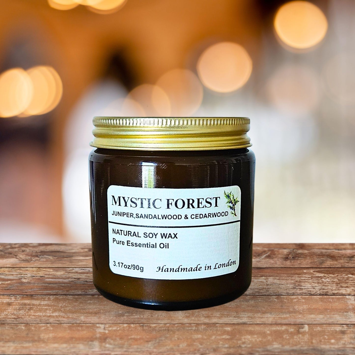 Juniper, Cedarwood & Sandalwood Candle – Natural Soy Wax, Essential Oils, Long-Lasting Burn up to 30 Hours, Handmade in UK | Mystic Forest 90g Amber Jar